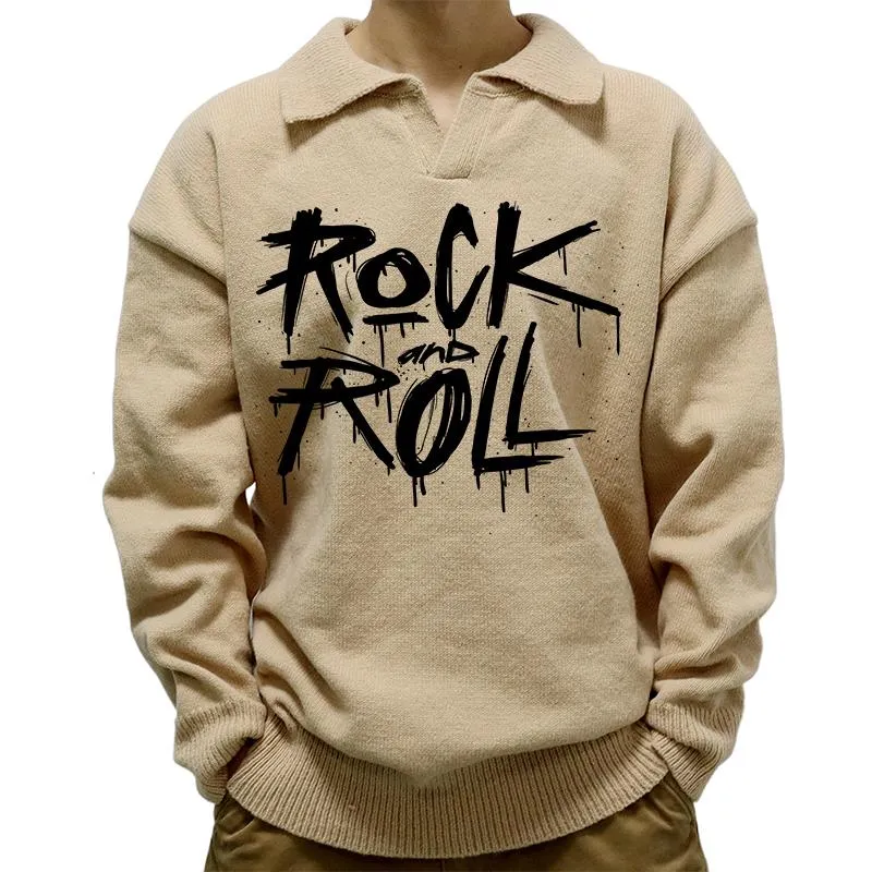 Men's Casual Polo Collar Rock And Roll Print Long Sleeve Pullover Sweater 17953618M sold by Manly product image thumbnail 4