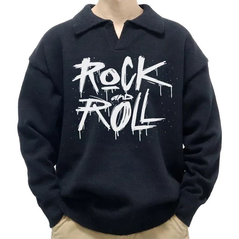 Men's Casual Polo Collar Rock And Roll Print Long Sleeve Pullover Sweater 17953618M sold by Manly