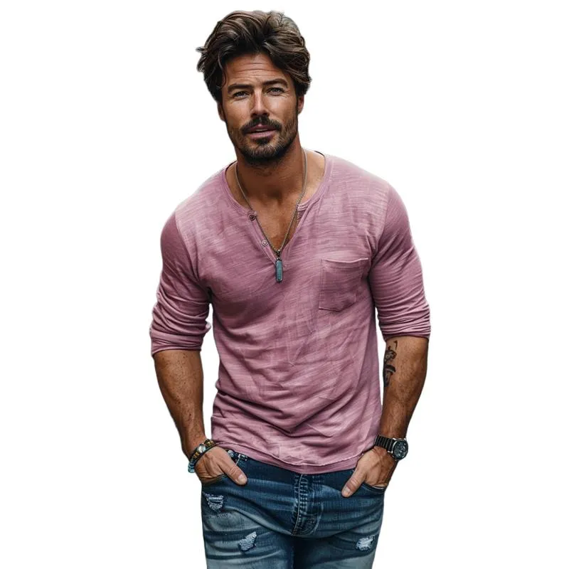 Men's Casual Cotton Blend V-Neck Patch Pocket Slim Fit Long Sleeve T-Shirt 50252216M sold by Manly