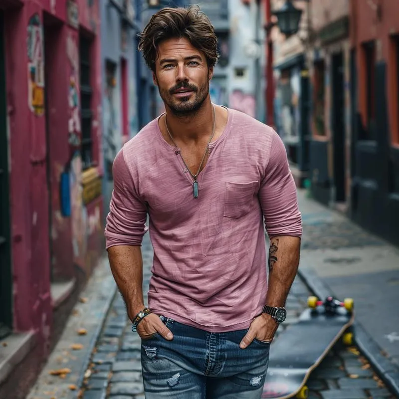 Men's Casual Cotton Blend V-Neck Patch Pocket Slim Fit Long Sleeve T-Shirt 50252216M sold by Manly product image thumbnail 2