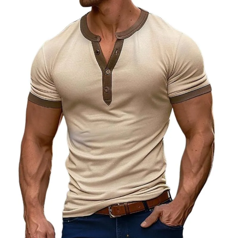 Men's Color Block Henley Neck Slim Fit Short Sleeve T-Shirt 25621327Y sold by Manly
