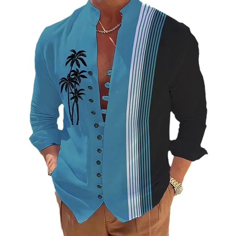 Men's Hawaiian Stand Collar Loose Vacation Beach Long Sleeve Shirt 50615724X sold by Manly