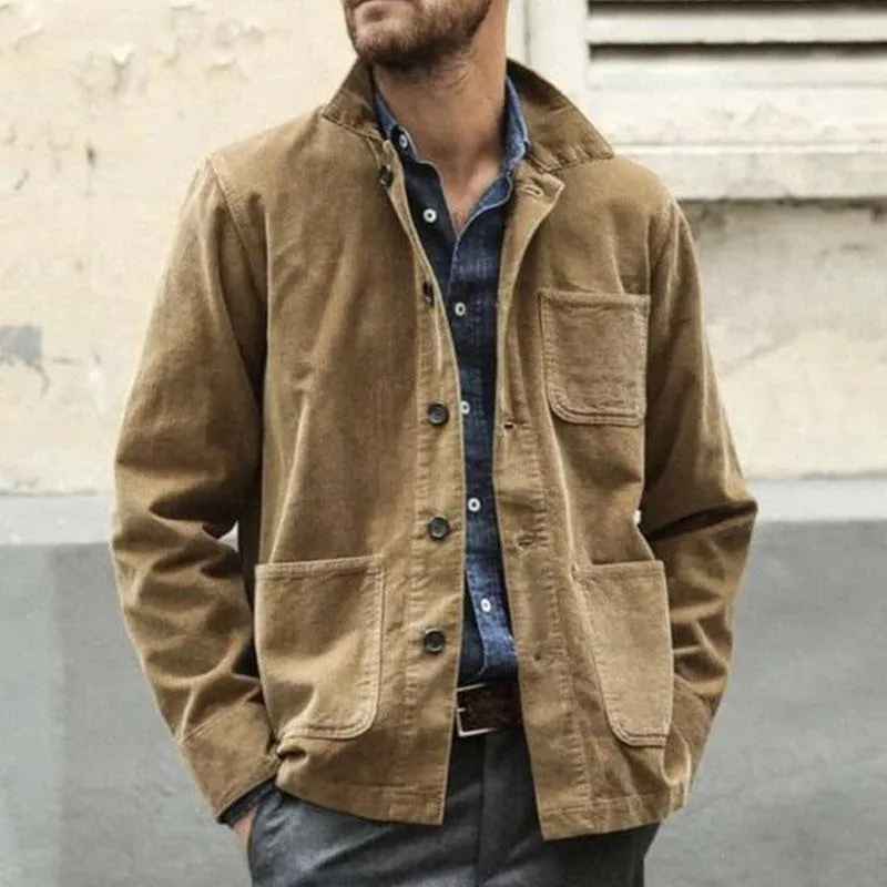 Men's Vintage Cotton Multi Pocket Lapel Long Sleeve Workwear