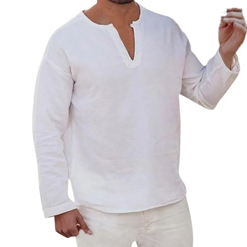 Men's Cotton and Linen Solid Color Pullover V-neck Long-sleeved Shirt 17237474X sold by Manly