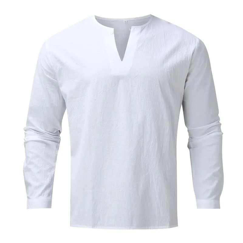 Men's Cotton and Linen Solid Color Pullover V-neck Long-sleeved Shirt 17237474X sold by Manly product image thumbnail 4