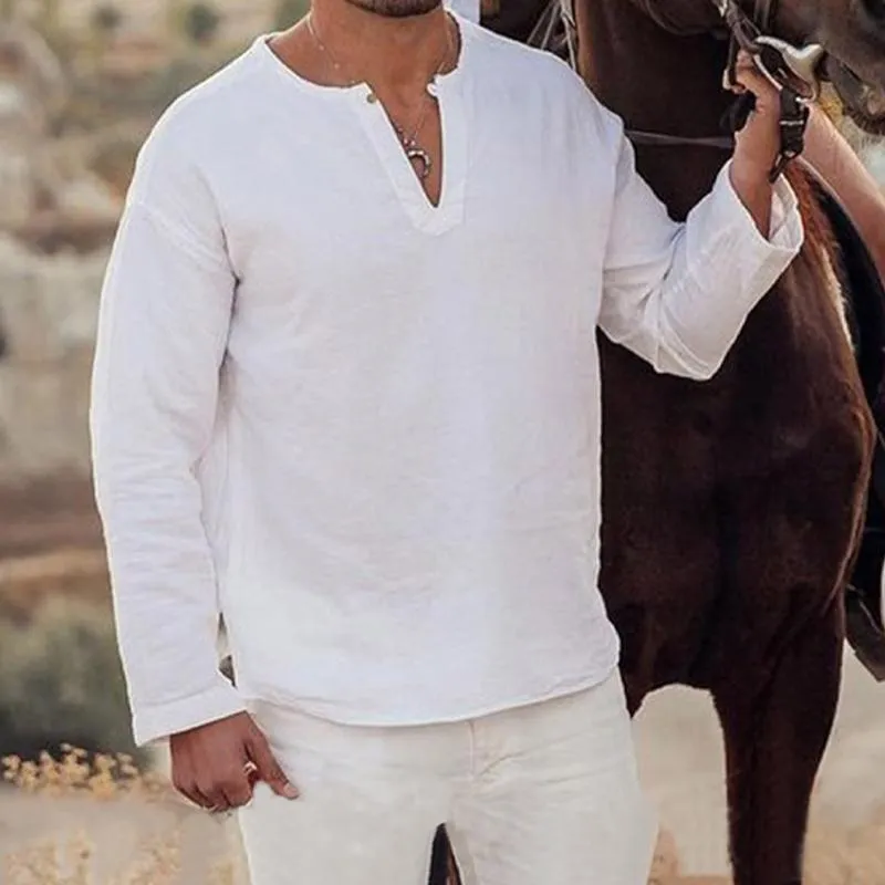 Men's Cotton and Linen Solid Color Pullover V-neck Long-sleeved Shirt 17237474X sold by Manly product image thumbnail 3