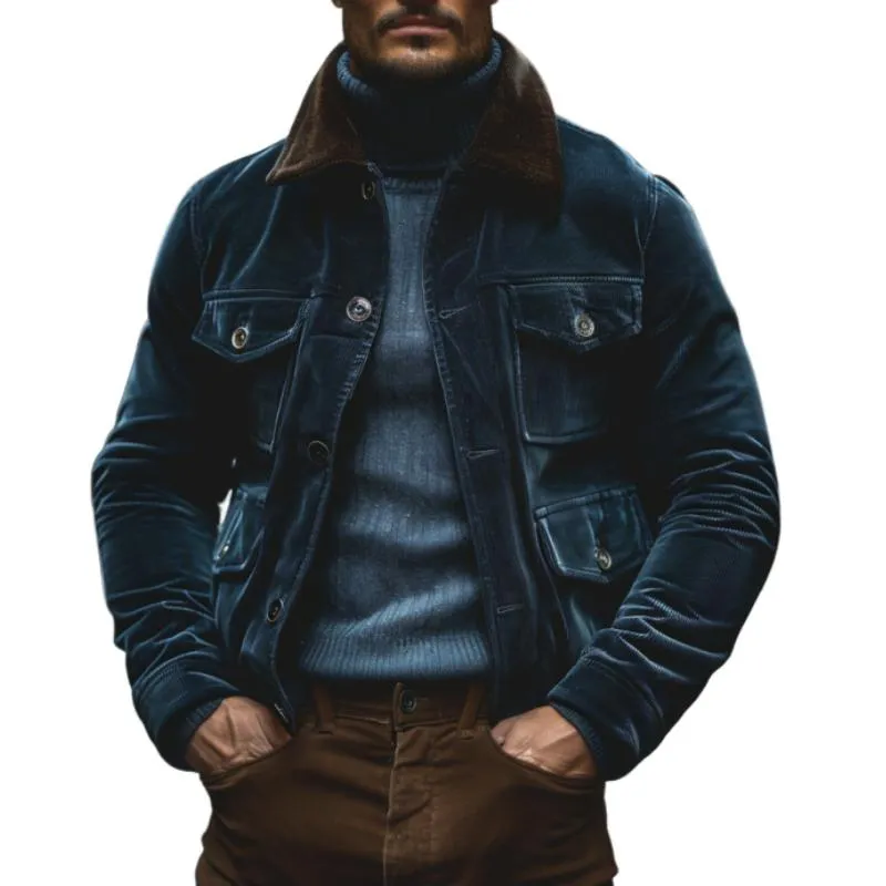 Men's Vintage Lapel Corduroy Colorblock Patchwork Multi-pocket Single-breasted Slim-fit Jacket 89965217M sold by Manly