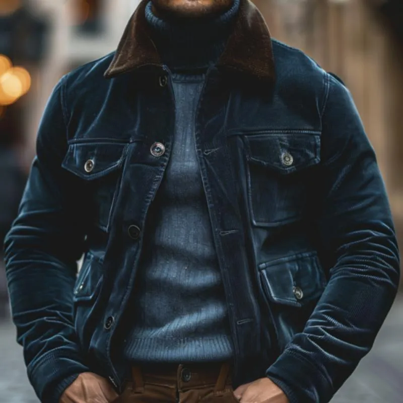 Men's Vintage Lapel Corduroy Colorblock Patchwork Multi-pocket Single-breasted Slim-fit Jacket 89965217M sold by Manly product image thumbnail 3