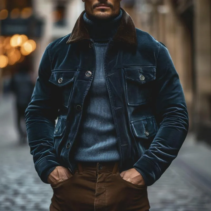 Men's Vintage Lapel Corduroy Colorblock Patchwork Multi-pocket Single-breasted Slim-fit Jacket 89965217M sold by Manly product image thumbnail 2