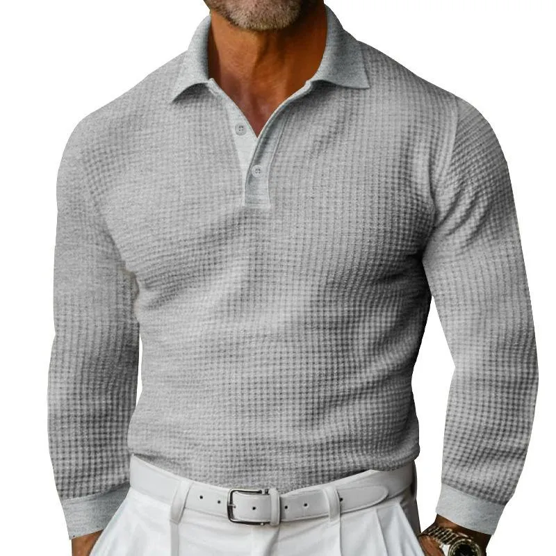 Men's Casual Waffle Lapel Button-Down Long Sleeve Polo Shirt 09965418M sold by Manly