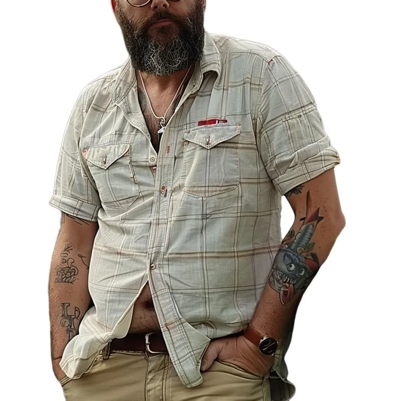 Men's Retro Print Plaid Lapel Short Sleeve Shirt 95150410X sold by Manly