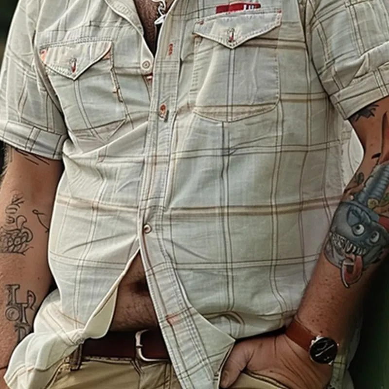 Men's Retro Print Plaid Lapel Short Sleeve Shirt 95150410X sold by Manly product image thumbnail 3