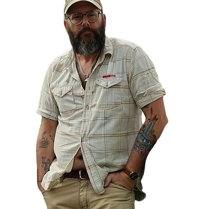 Men's Retro Print Plaid Lapel Short Sleeve Shirt 95150410X sold by Manly product image thumbnail 5