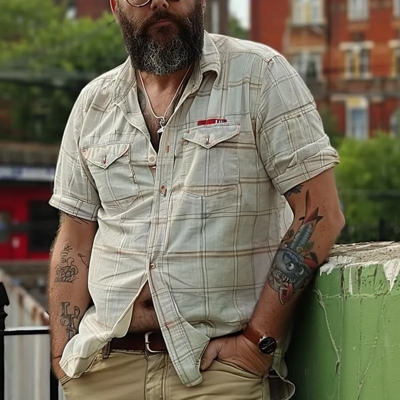 Men's Retro Print Plaid Lapel Short Sleeve Shirt 95150410X sold by Manly product image thumbnail 4