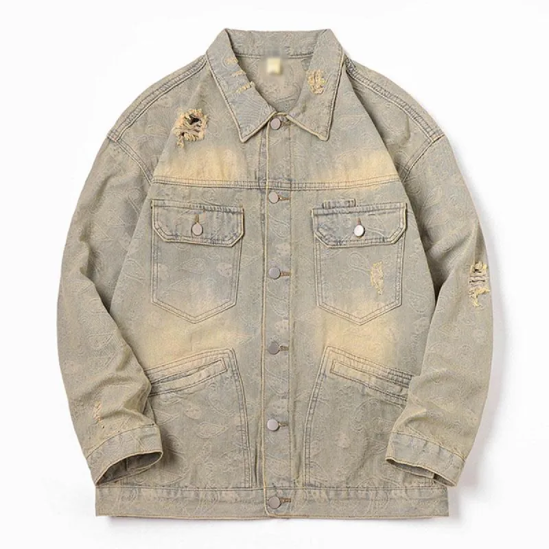 Men's Vintage Washed Distressed Cashew Flower Print Loose Denim Jacket 55298314M sold by Manly