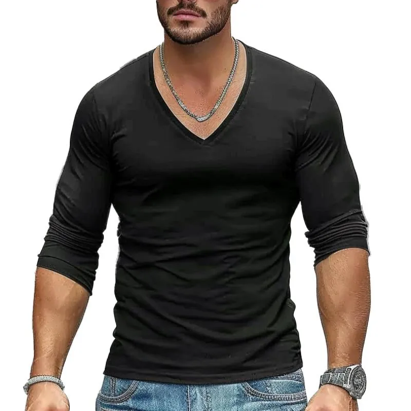 Men's V-neck Solid Color Long-sleeved T-shirt 80730041X sold by Manly