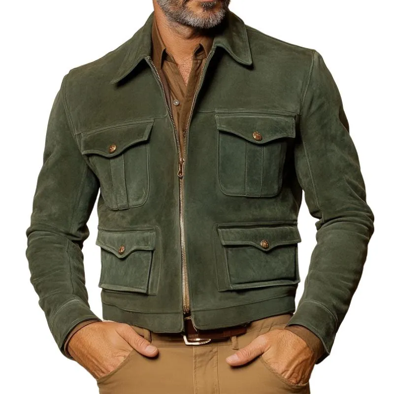 Men's Fashion Suede Lapel Multi-pocket Zipper Cargo Jacket 53964137Z sold by Manly