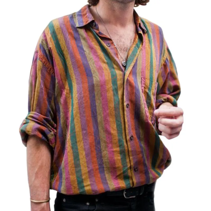Men's Vintage Casual Lapel Striped Pocket Long Sleeve Shirt 27772822TO sold by Manly