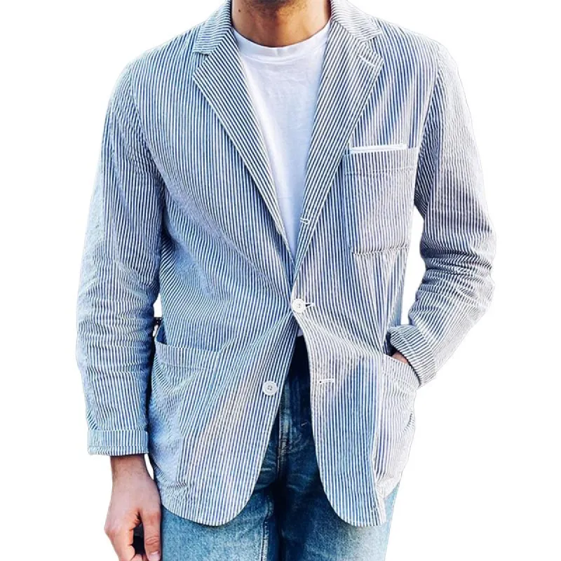 Men's Casual Vintage Stripe Print Pocket Jacket 31002720TO sold by Manly