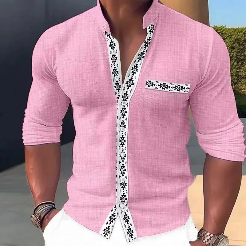 Men's Buttoned Geometric Print Stand Collar Long Sleeve Shirt 00390480X sold by Manly product image thumbnail 5