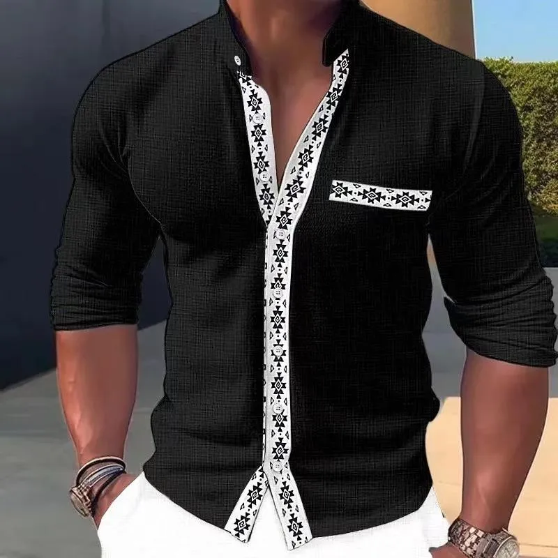 Men's Buttoned Geometric Print Stand Collar Long Sleeve Shirt 00390480X sold by Manly product image thumbnail 3