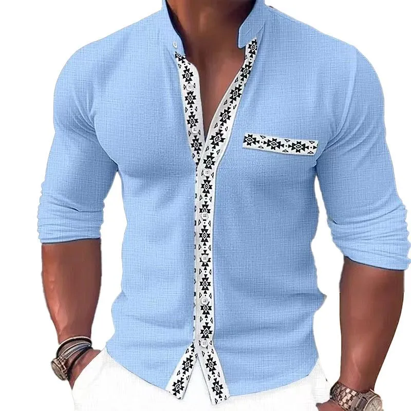 Men's Buttoned Geometric Print Stand Collar Long Sleeve Shirt 00390480X sold by Manly