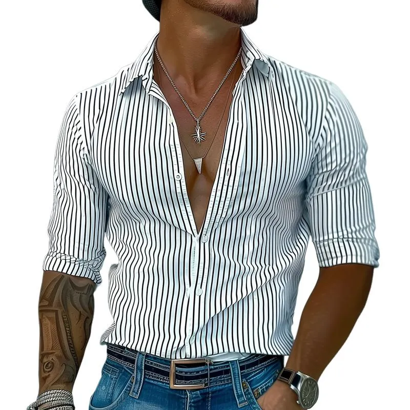 Men's Striped Lapel Long Sleeve Casual Shirt 28168810Z sold by Manly