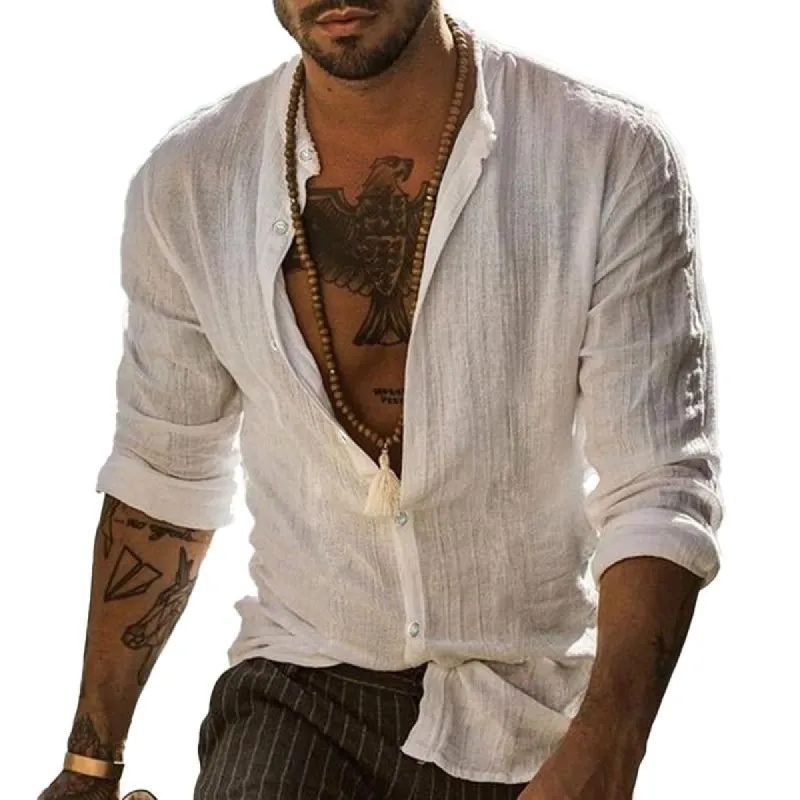 Men's Casual Solid Color Loose Stand Collar Long Sleeve Shirt 28503514Y sold by Manly