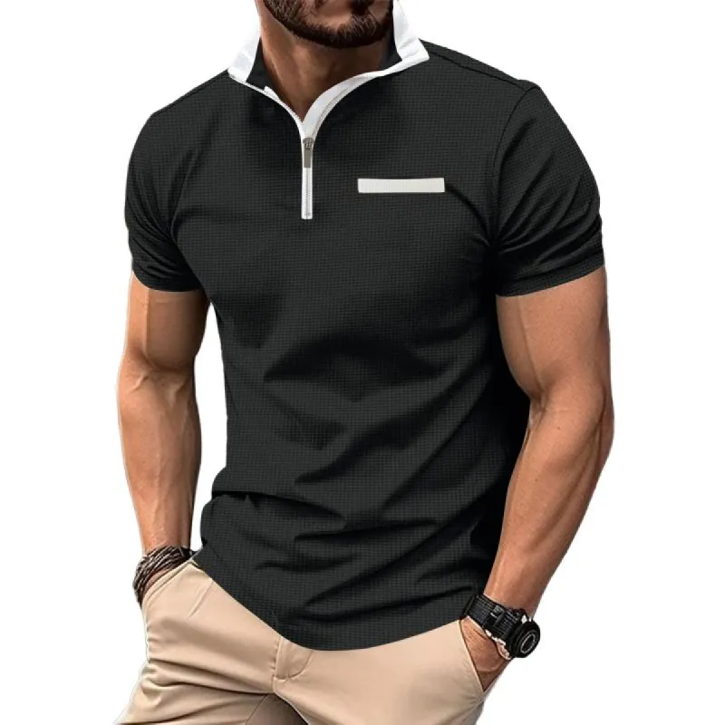 Men's Colorblock Waffle Stand Collar Short-Sleeved Polo Shirt 20197702Y sold by Manly