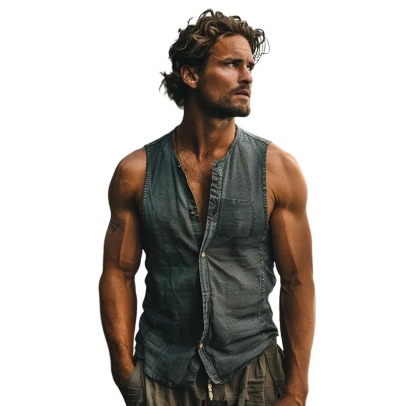 Men's Solid Color Vintage Denim V-Neck Tank Tops 38630889X sold by Manly