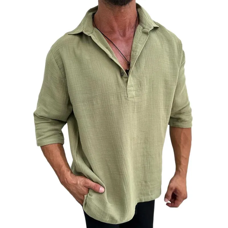 Men's Solid Color Cotton and Linen Short-sleeved Lapel Shirt 30046786X sold by Manly