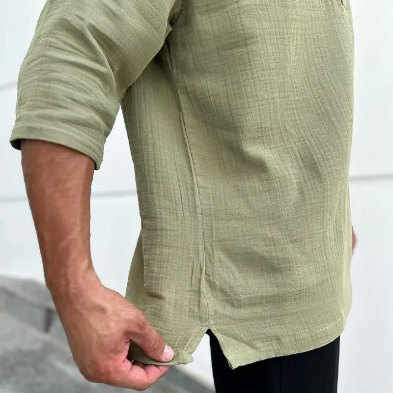 Men's Solid Color Cotton and Linen Short-sleeved Lapel Shirt 30046786X sold by Manly product image thumbnail 2
