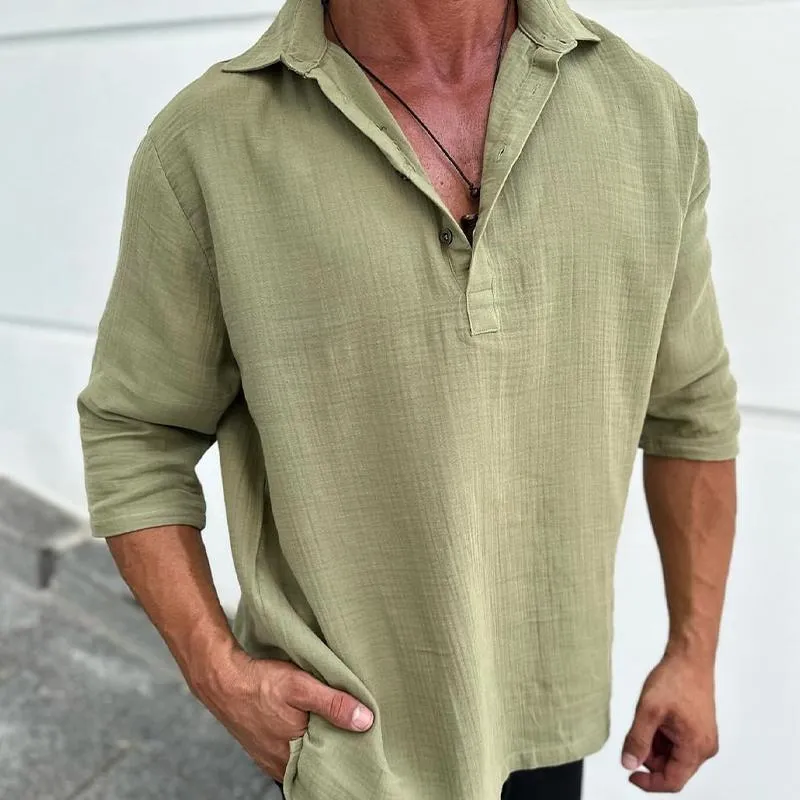 Men's Solid Color Cotton and Linen Short-sleeved Lapel Shirt 30046786X sold by Manly product image thumbnail 3