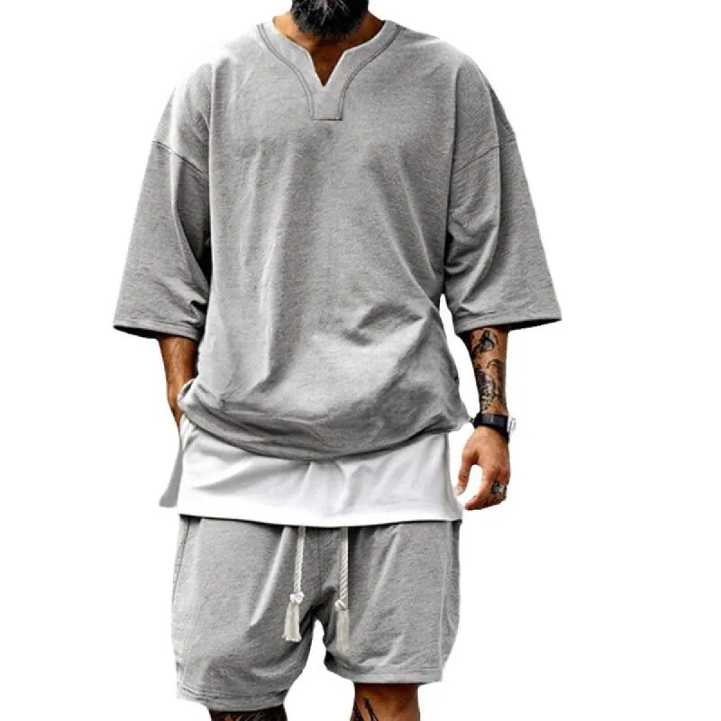 Men's Solid Color Loose V-Neck Short-Sleeved T-Shirt Shorts Set 80546626Y sold by Manly