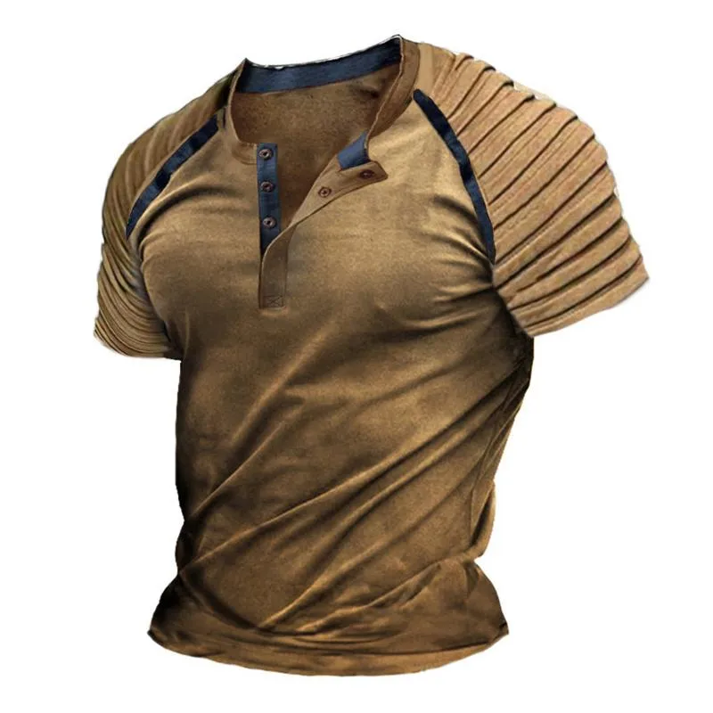 Men's Casual Pleated Henley Collar Short-Sleeved T-Shirt 18238021M sold by Manly