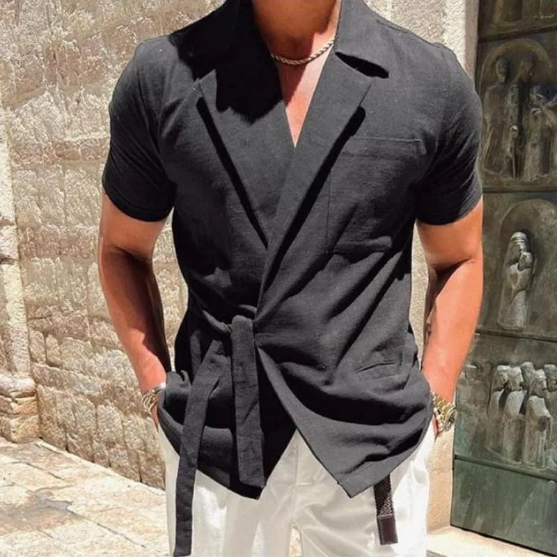 Men's Notch Lapel Solid Linen Short Sleeve Shirt 74466138Z sold by Manly product image thumbnail 2