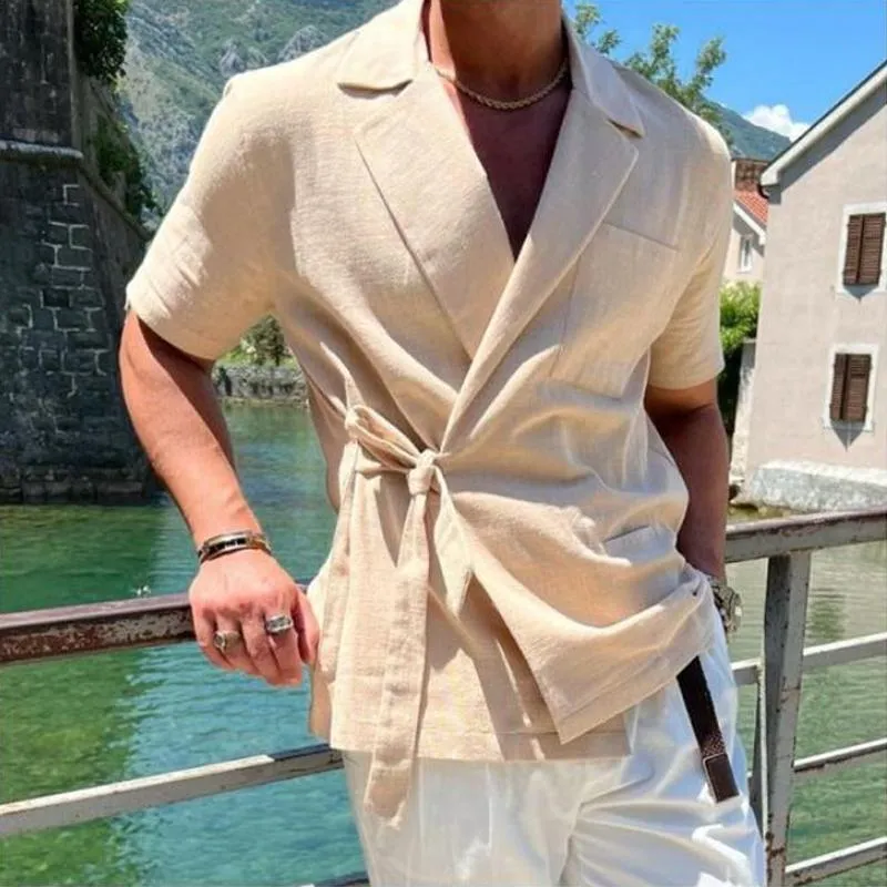 Men's Notch Lapel Solid Linen Short Sleeve Shirt 74466138Z sold by Manly product image thumbnail 5