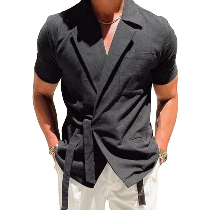 Men's Notch Lapel Solid Linen Short Sleeve Shirt 74466138Z sold by Manly