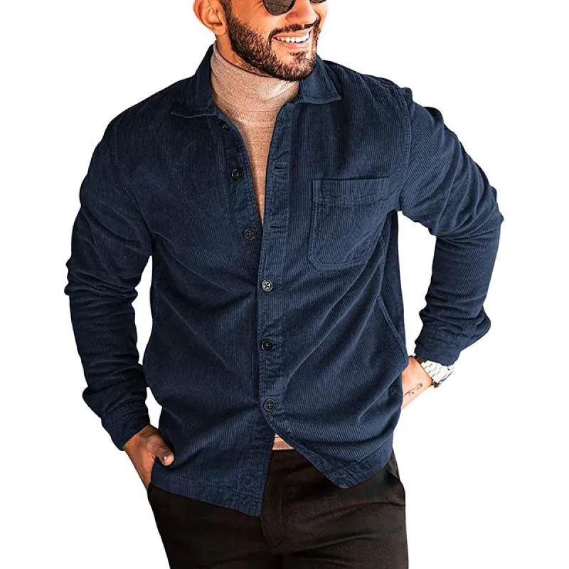 Men's Solid Corduroy Lapel Long Sleeve Shirt 72107561Z sold by Manly