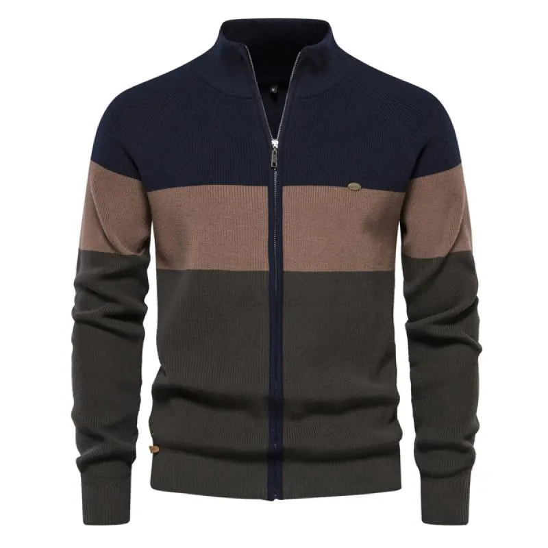 Men's Contrasting Stripe Stand Collar Knit Zipper Jacket 71280590X sold by Manly