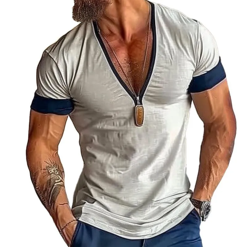 Men's Casual Cotton Blended Colorblock V Neck Short Sleeve T-Shirt 73425469M sold by Manly