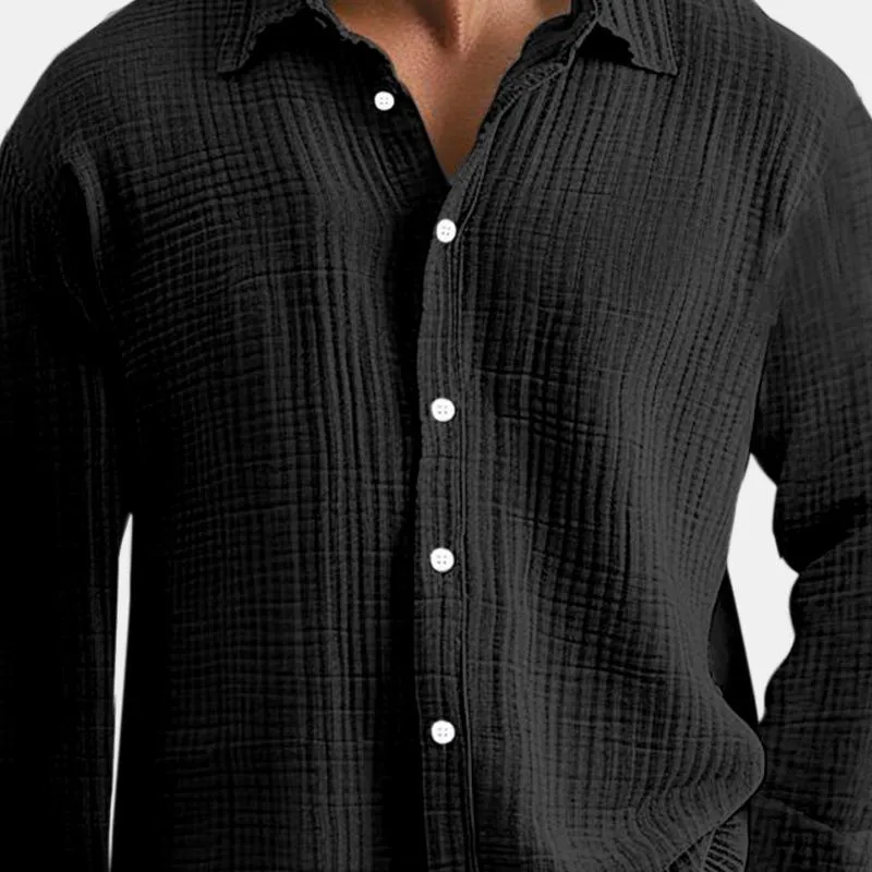 Men's Casual Cotton Linen Pleated Lapel Slim Fit Long Sleeve Shirt 42795929M sold by Manly product image thumbnail 3