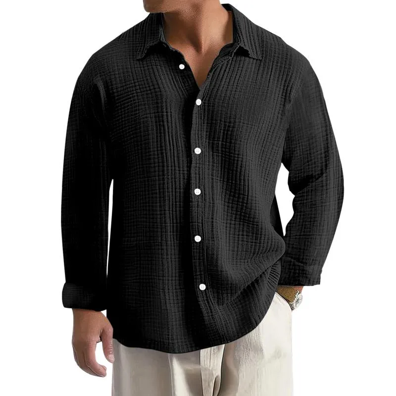 Men's Casual Cotton Linen Pleated Lapel Slim Fit Long Sleeve Shirt 42795929M sold by Manly