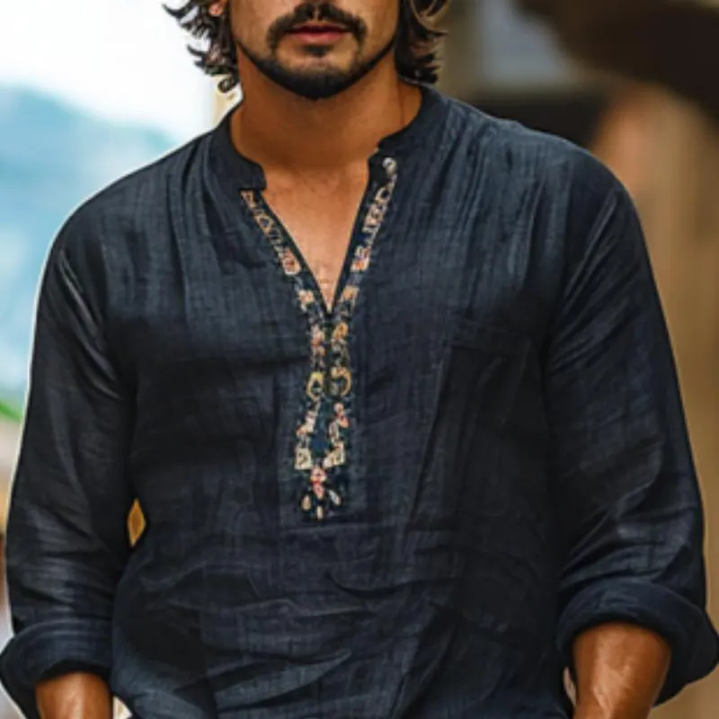 Men's Cotton and Linen Breathable Printed V-Neck Long Sleeve Shirt 44077225Y sold by Manly product image thumbnail 2