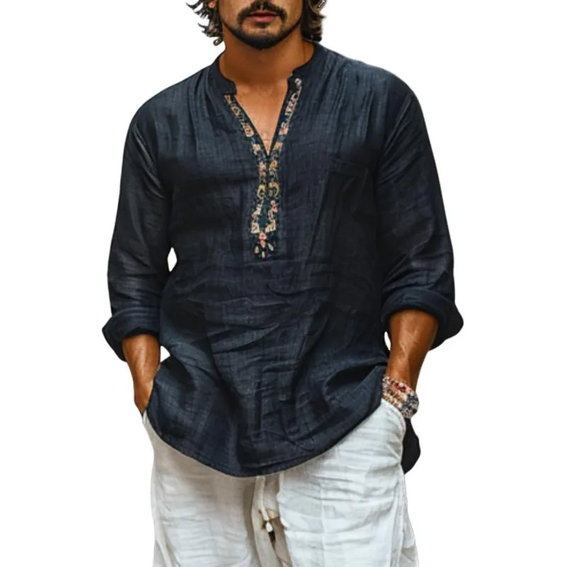 Men's Cotton and Linen Breathable Printed V-Neck Long Sleeve Shirt 44077225Y sold by Manly