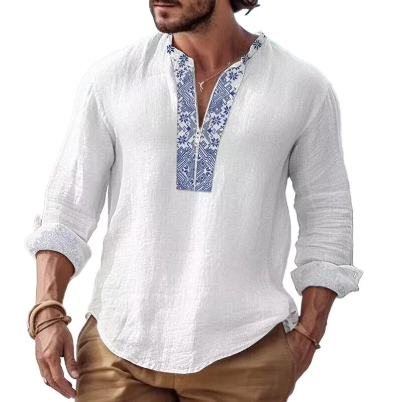 Men's Printed Zipper V Neck Long Sleeve Cotton Linen Loose Shirt 90551232Z sold by Manly