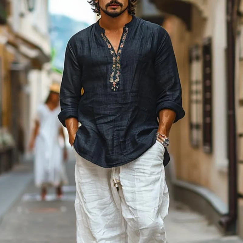 Men's Cotton and Linen Breathable Printed V-Neck Long Sleeve Shirt 44077225Y sold by Manly product image thumbnail 3