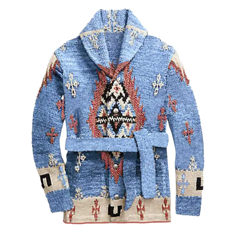 Men's Vintage Jacquard Shawl Collar Belted Mid-Length Cardigan 61288475Y sold by Manly