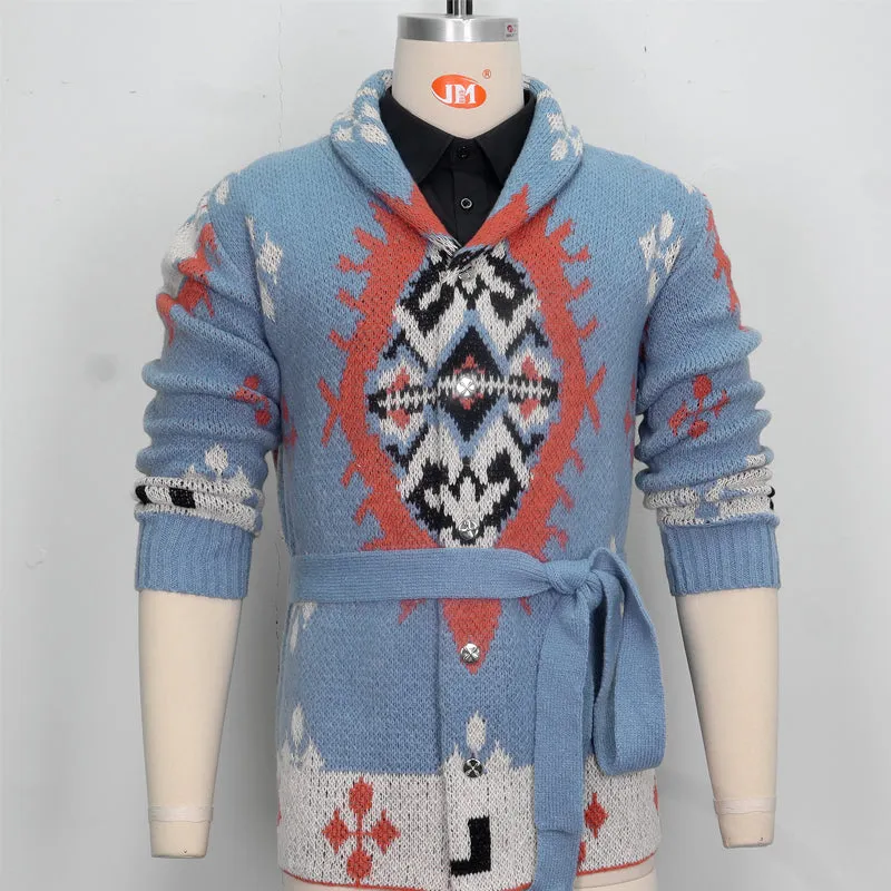 Men's Vintage Jacquard Shawl Collar Belted Mid-Length Cardigan 61288475Y sold by Manly product image thumbnail 2