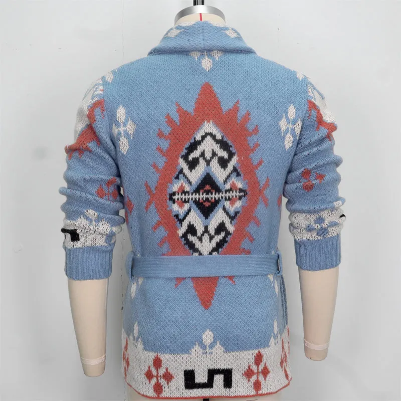 Men's Vintage Jacquard Shawl Collar Belted Mid-Length Cardigan 61288475Y sold by Manly product image thumbnail 4